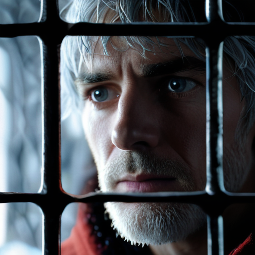 Merlin, visible through the magical barrier of Eira's cell, his face heavy with sorrow as he unveils the truth about the oppressive system.