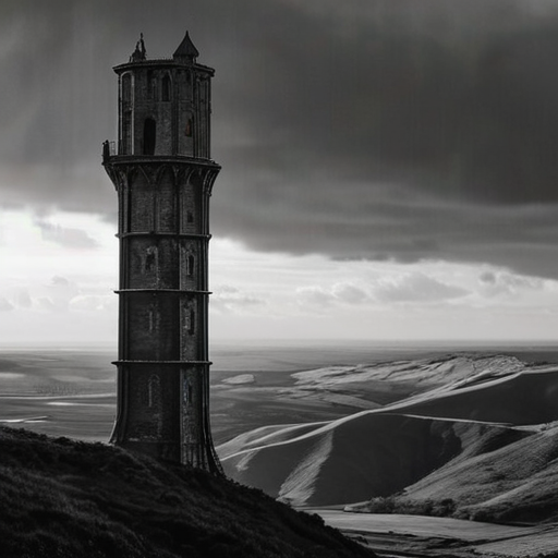 Merlin, standing alone on his tower, looking over the oppressive landscape, the deep lines on his face reflecting his profound regret.