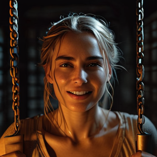 Eira, in her shackles, casting a warm, golden light that sweeps across the prison, her smile a symbol of unyielding resilience against the ominous shadows.