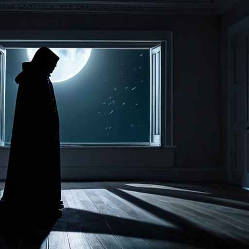 A cloaked figure, silhouetted against the moonlight, unfolds his identity to a stunned family, his words cutting through the uncertainty in the room.