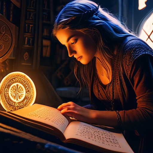 Eira stands in wonder in the eerie glow of Merlin's dwelling, her eyes tracing the mystical symbols etched onto age-worn spellbooks and ancient artifacts.