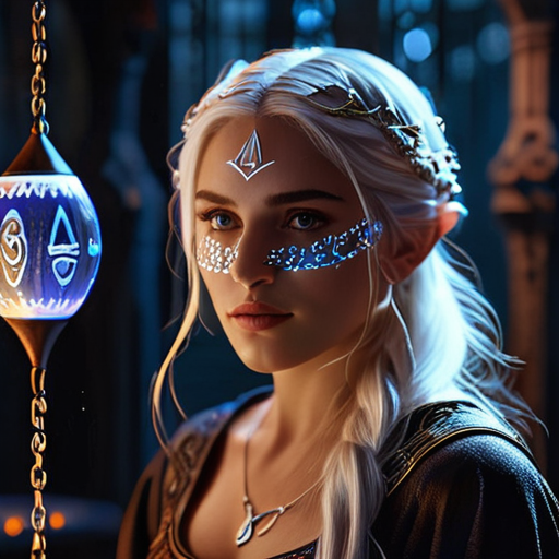 Under Merlin's attentive gaze, Eira attempts to recreate a delicate wisp of magic, her face a mask of concentration amidst the glow of floating runes.