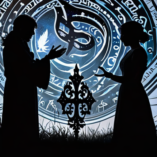 Eira and Merlin, silhouetted against a backdrop of twirling magical symbols, discuss the clandestine magical factions, their grave expressions reflecting the severity of the situation.