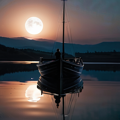 The silhouette of the boat, bathed in moonlight, glides gently across the still water - Eira's determined face reflects off the shimmering surface.