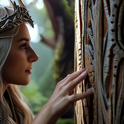 Eira, under the watchful eyes of the mythical assembly, accepts the staff from Merlin, her fingers gripping the ancient wood as a determined resolve fills her eyes.