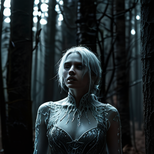 Eira, alone in a shadowy forest, her face reflecting her horror as grotesque figures, symbolic of her deepest fears, emerge around her from the darkness.