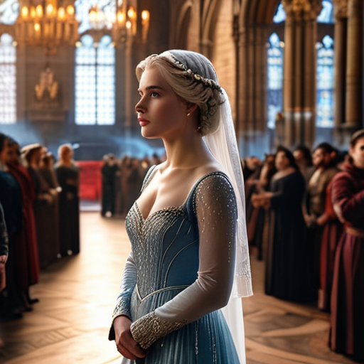 Eira stands in a grand hall, her gaze scanning over a diverse crowd of magical beings engaged in heated discourse, Merlin knowingly watching in the background.