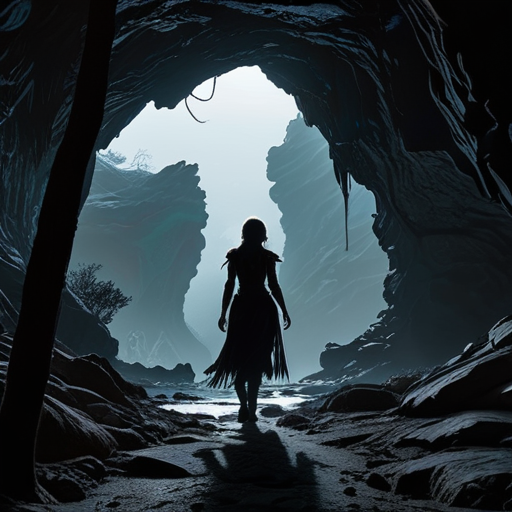 Eira walks determinedly towards a mystical cave that pulsates with ancient magic, her silhouette against the menacing maw marking the threshold of her greatest challenge.