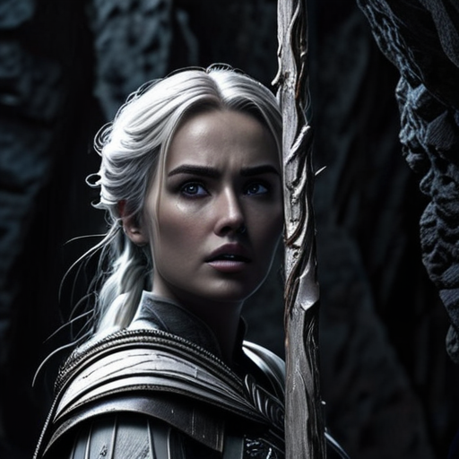 Eira, thrown against the ancient cave wall, her staff out of reach, stares in wide-eyed terror at the advancing dark force.