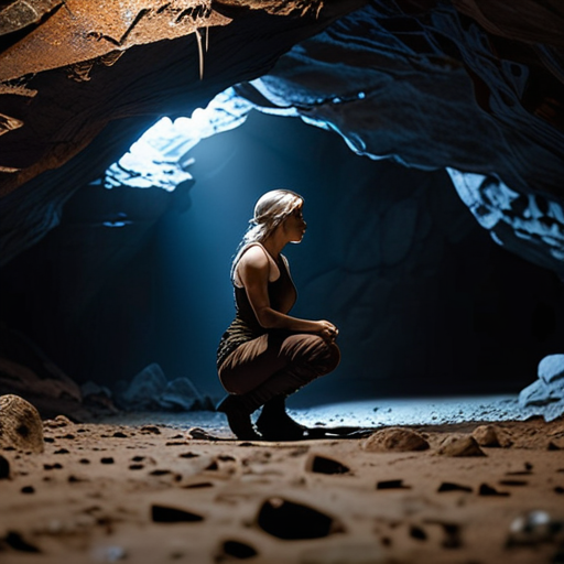 Eira, kneeling on the cave floor, relinquishes her defensive stance, a calm acceptance and resolve replacing the fear in her eyes.