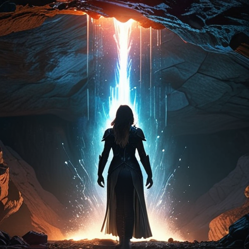 A radiant blast of magical energy engulfs the cave as Eira stands in the center, her body glowing with triumphant power, the remnants of the dark force dissipating around her.