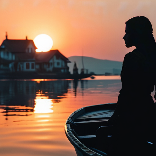 Against the backdrop of a sunrise, Eira’s silhouette stands on the boat, now a confident and seasoned sorceress, her village appearing as a distant dot on the horizon.