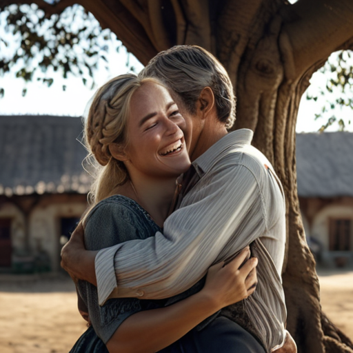 The tearful embrace of a reunited family, under the village's central tree, Eira's radiant and self-assured smile reflecting her newfound confidence.