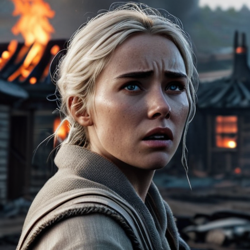 Eira struggles against the dark force, her face contorted in pain and confusion as the village burns in the background.