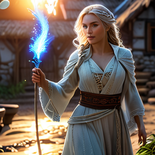 Eira pours the radiant elixir onto her magical staff, releasing a wave of restorative magic that rebuilds and rejuvenates the damaged village.