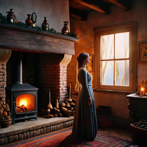 Eira, standing between the mystic glow of Avalon and the warm hearth of her village home, embodies the harmony of two worlds coexisting.