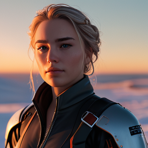 Amidst the setting sun, Eira looks towards the horizon, her confident stance reflecting her readiness for whatever comes next, her story only just beginning.